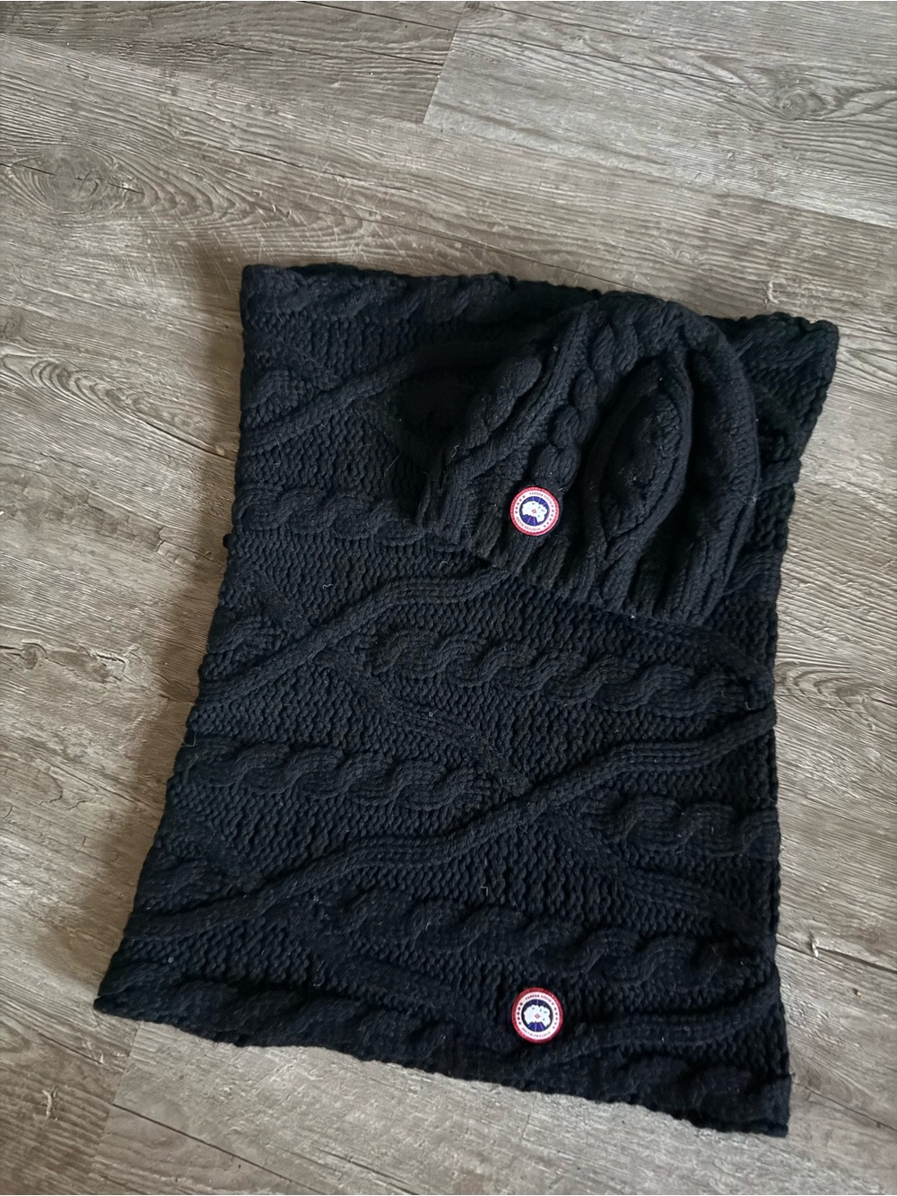 Canada Goose Black Cable-Knit Neck Gaiter with Logo Patches